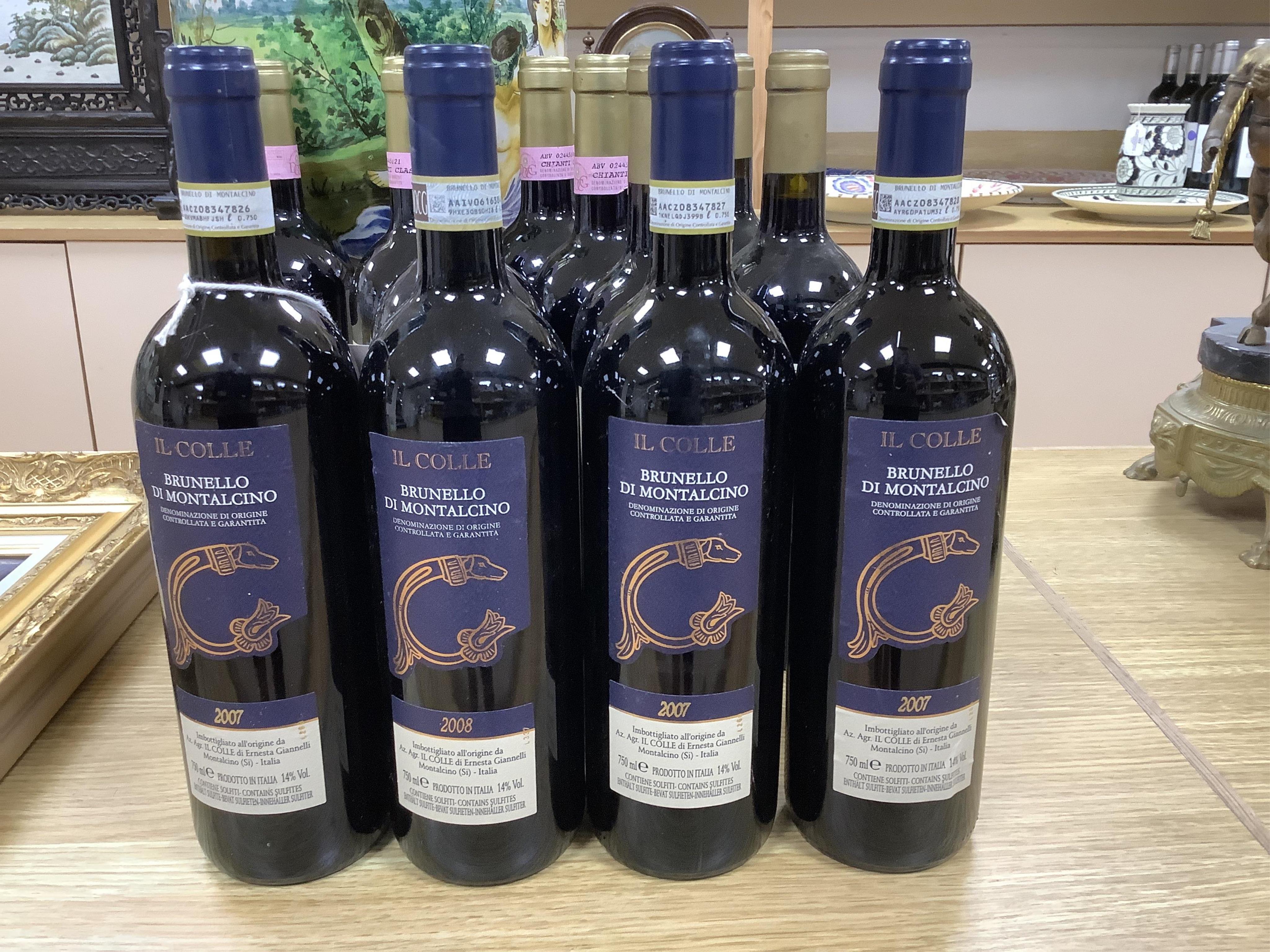 Twelve bottle of wine including; Riecine Chianti Classico 1999, Riecine Toscana 1999, Il Colle Brunello di Montalcino 2008, Il Colle Brunello di Montalcino 2007, etc. Condition - externally good, storage unknown